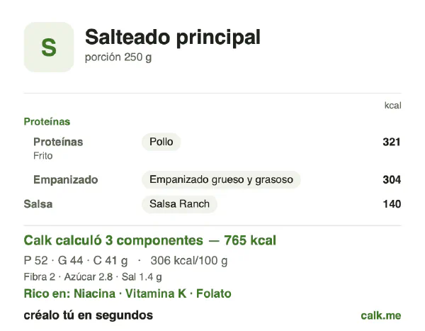 Tarjeta de Calk, versión más calórica de Platos a la plancha y salteados: 306 kcal por 100 g, proteínas/grasas/carbohidratos 27/51/21