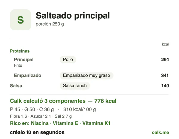 Tarjeta de Calk, versión más calórica de Platos a la plancha y salteados: 310 kcal por 100 g, proteínas/grasas/carbohidratos 23/58/18