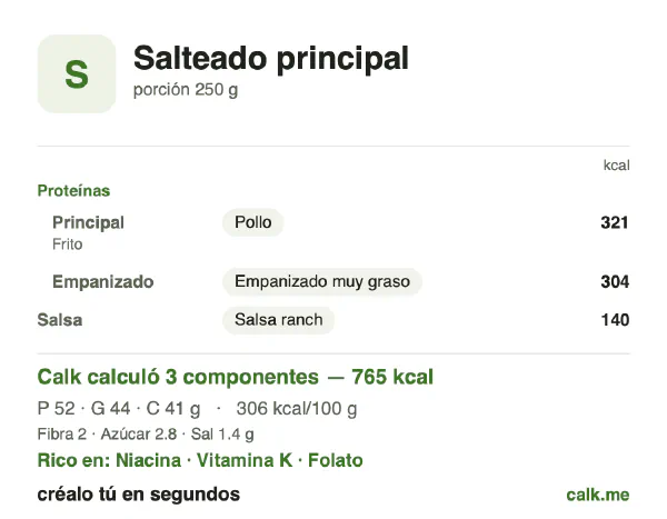 Tarjeta de Calk, versión más calórica de Platos a la plancha y salteados: 306 kcal por 100 g, proteínas/grasas/carbohidratos 27/51/21