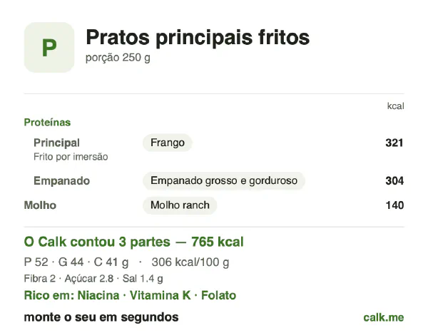 Cartão do Calk para a versão mais calórica de Pratos grelhados e salteados: 306 kcal por 100 g, proteína/gordura/carboidratos 27/51/21