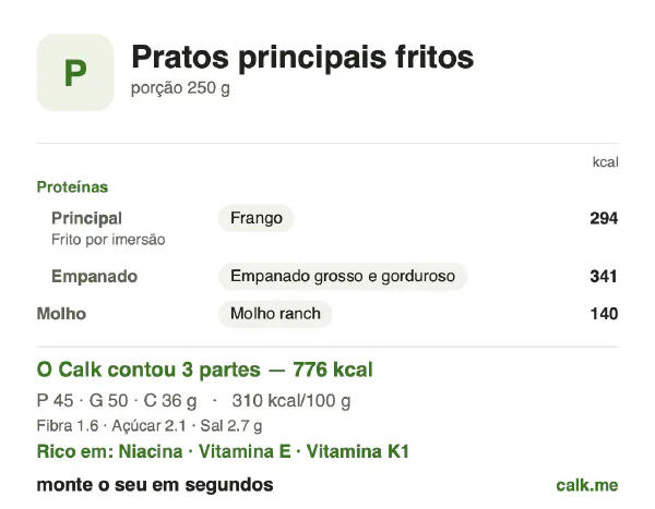 Cartão do Calk para a versão mais calórica de Pratos grelhados e salteados: 310 kcal por 100 g, proteína/gordura/carboidratos 23/58/18