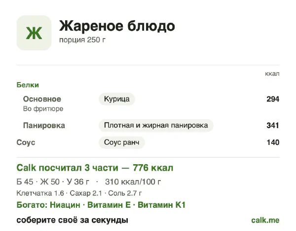 Карточка «Жареное блюдо» в Calk — более калорийный вариант: 310 ккал на 100 г, белки/жиры/углеводы 23/58/18