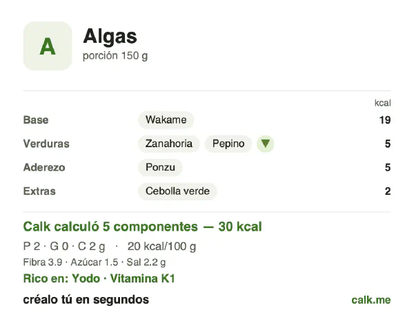 Tarjeta de Calk, versión menos calórica de Algas: 20 kcal por 100 g, proteínas/grasas/carbohidratos 42/16/43