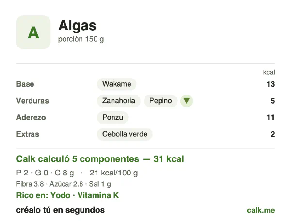 Tarjeta de Calk, versión menos calórica de Algas: 21 kcal por 100 g, proteínas/grasas/carbohidratos 22/8/70