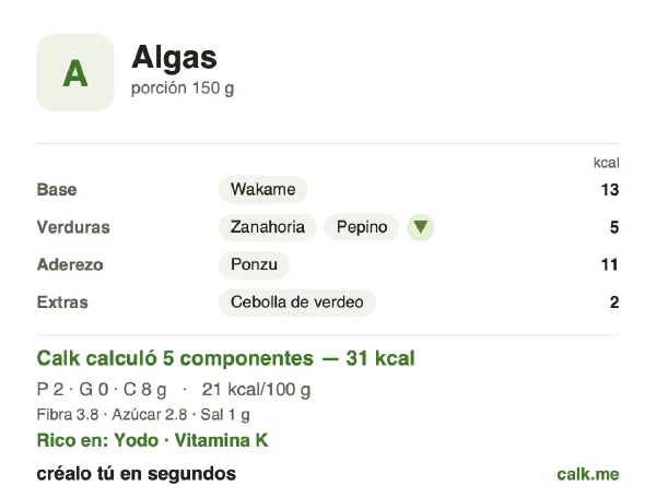 Tarjeta de Calk, versión menos calórica de Algas: 21 kcal por 100 g, proteínas/grasas/carbohidratos 22/8/70