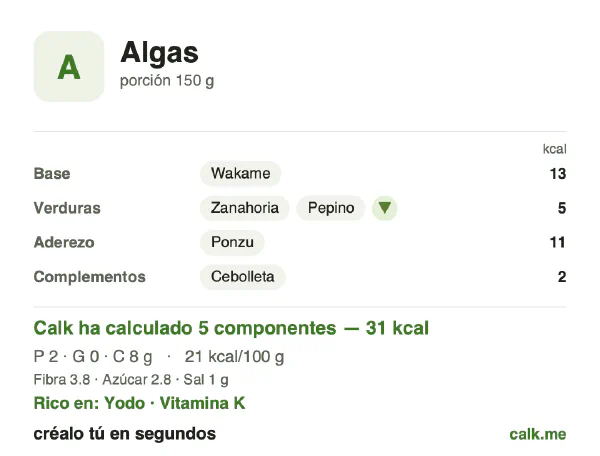 Ficha de Calk, versión menos calórica de Algas: 21 kcal por 100 g, proteínas/grasas/hidratos 22/8/70