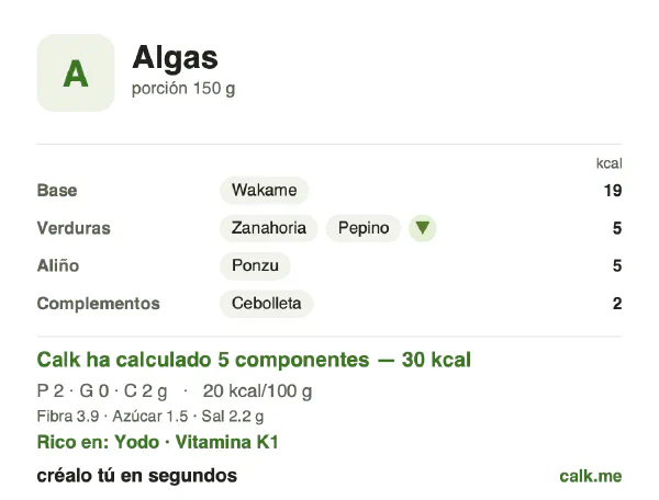 Ficha de Calk, versión menos calórica de Algas: 20 kcal por 100 g, proteínas/grasas/hidratos 42/16/43