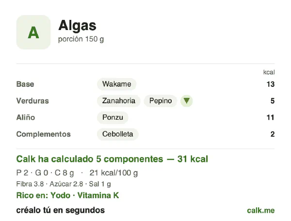 Ficha de Calk, versión menos calórica de Algas: 21 kcal por 100 g, proteínas/grasas/hidratos 22/8/70