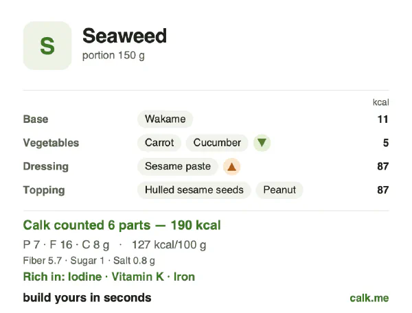 Higher calorie Calk card for Seaweed: 127 kcal per 100 g, protein/fat/carbs 14/69/16