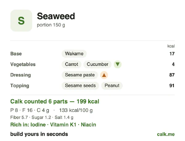 Higher calorie Calk card for Seaweed: 133 kcal per 100 g, protein/fat/carbs 17/75/9