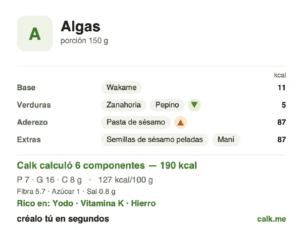 Tarjeta de Calk, versión más calórica de Algas: 127 kcal por 100 g, proteínas/grasas/carbohidratos 14/69/16