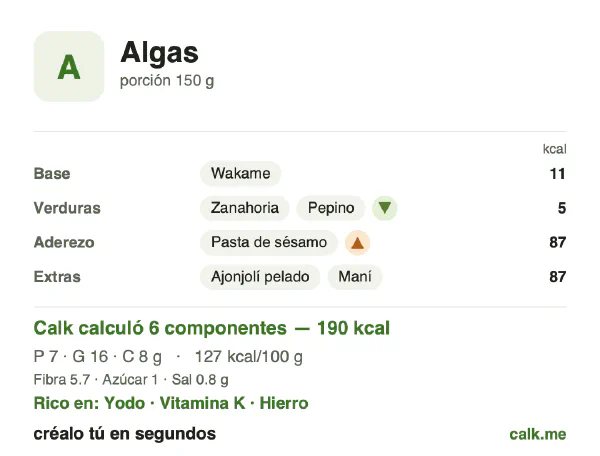 Tarjeta de Calk, versión más calórica de Algas: 127 kcal por 100 g, proteínas/grasas/carbohidratos 14/69/16