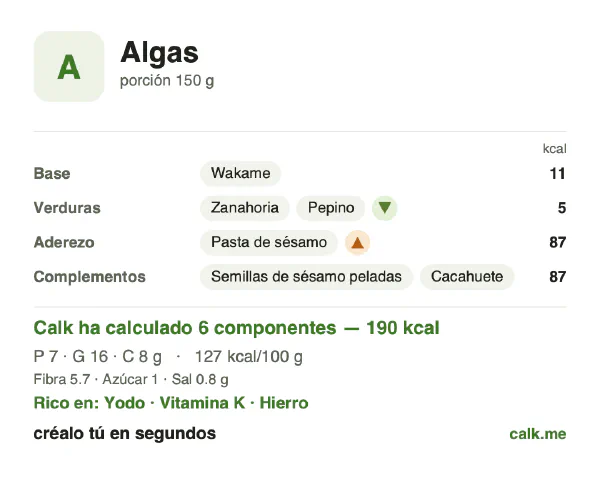 Ficha de Calk, versión más calórica de Algas: 127 kcal por 100 g, proteínas/grasas/hidratos 14/69/16