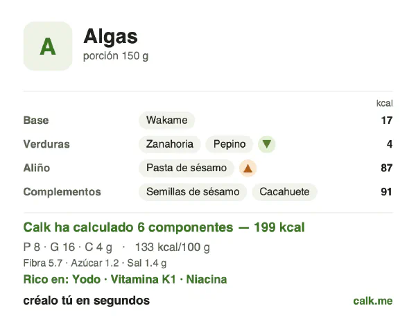 Ficha de Calk, versión más calórica de Algas: 133 kcal por 100 g, proteínas/grasas/hidratos 17/75/9