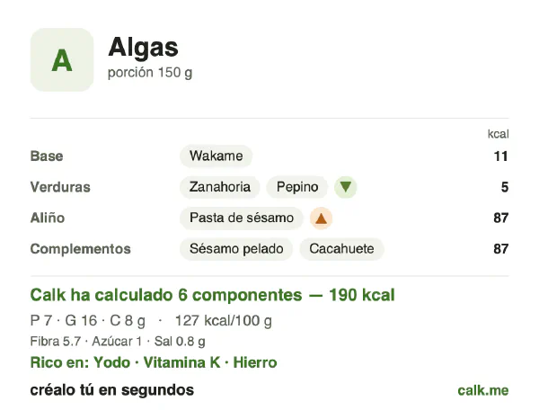 Ficha de Calk, versión más calórica de Algas: 127 kcal por 100 g, proteínas/grasas/hidratos 14/69/16