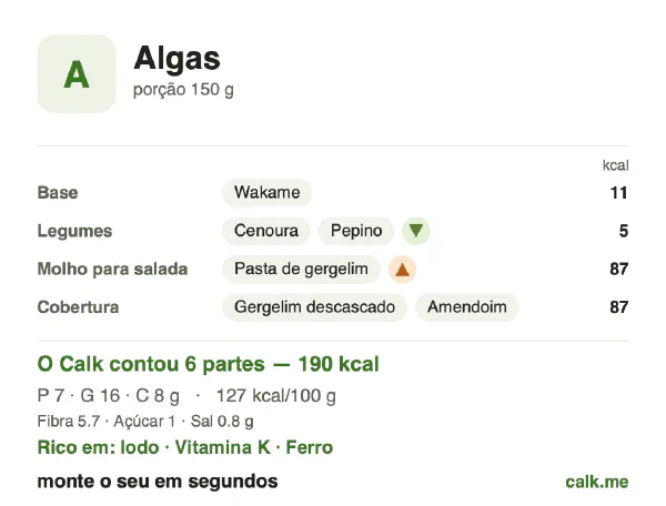 Cartão do Calk para a versão mais calórica de Algas: 127 kcal por 100 g, proteína/gordura/carboidratos 14/69/16