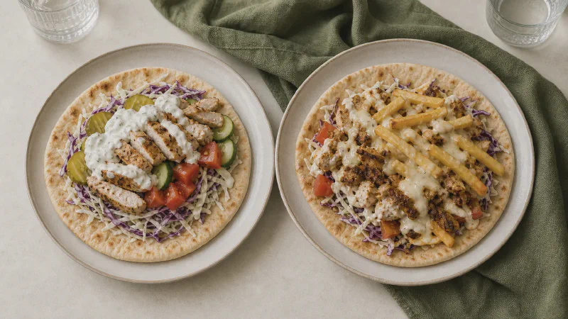 Chicken shawarma: lower- and higher-calorie Calk versions side by side