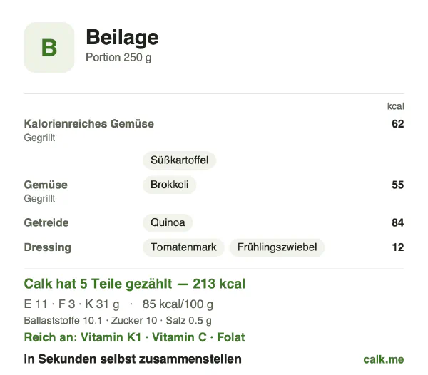 Calk-Karte für die kalorienärmere Variante von Beilage: 85 kcal pro 100 g, Eiweiß/Fett/Kohlenhydrate 23/12/65