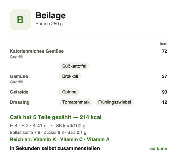 Calk-Karte für die kalorienärmere Variante von Beilage: 86 kcal pro 100 g, Eiweiß/Fett/Kohlenhydrate 14/9/77