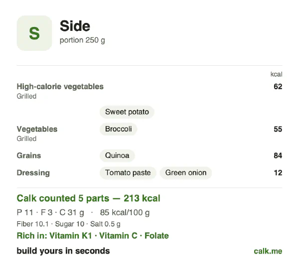 Lower calorie Calk card for Side: 85 kcal per 100 g, protein/fat/carbs 23/12/65