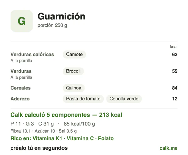 Tarjeta de Calk, versión menos calórica de Guarnición: 85 kcal por 100 g, proteínas/grasas/carbohidratos 23/12/65
