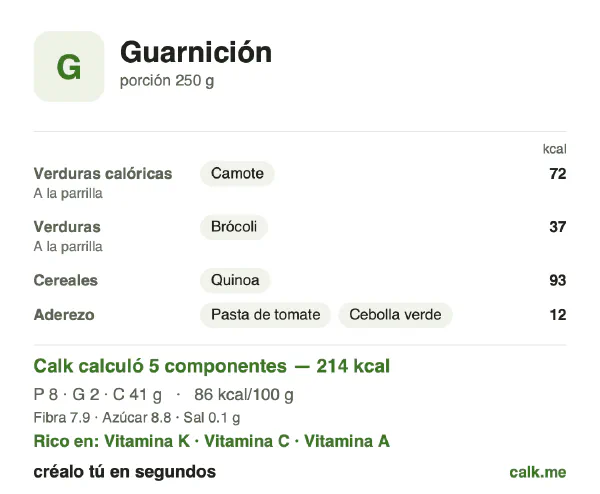 Tarjeta de Calk, versión menos calórica de Guarnición: 86 kcal por 100 g, proteínas/grasas/carbohidratos 14/9/77