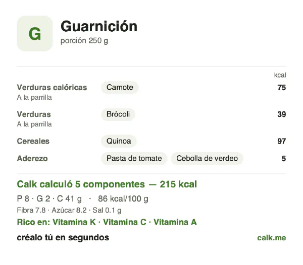 Tarjeta de Calk, versión menos calórica de Guarnición: 86 kcal por 100 g, proteínas/grasas/carbohidratos 14/9/77