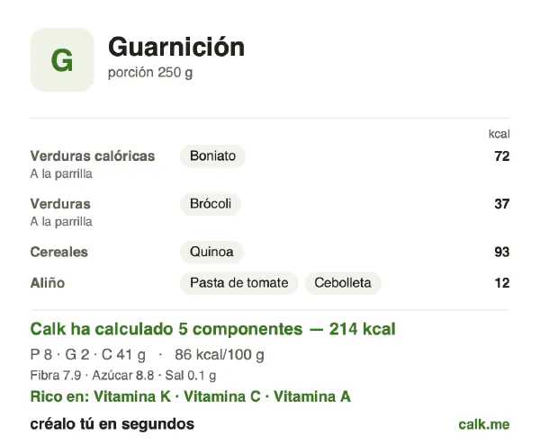 Ficha de Calk, versión menos calórica de Guarnición: 86 kcal por 100 g, proteínas/grasas/hidratos 14/9/77