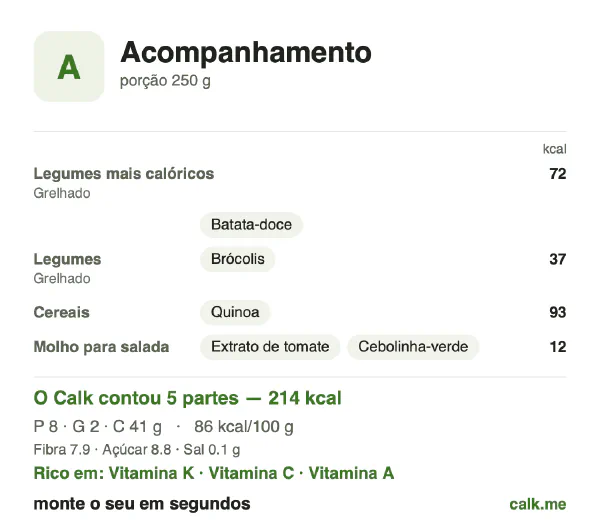 Cartão do Calk para a versão menos calórica de Acompanhamento: 86 kcal por 100 g, proteína/gordura/carboidratos 14/9/77