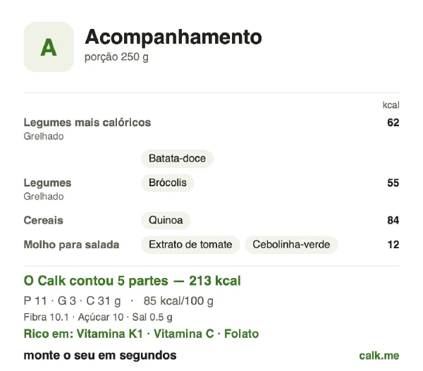 Cartão do Calk para a versão menos calórica de Acompanhamento: 85 kcal por 100 g, proteína/gordura/carboidratos 23/12/65
