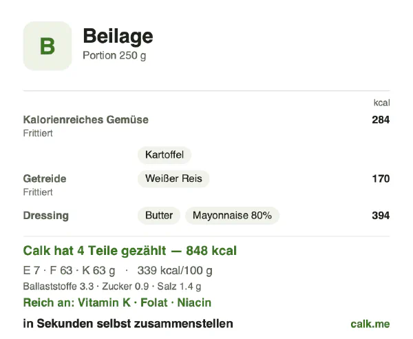 Calk-Karte für die kalorienreichere Variante von Beilage: 339 kcal pro 100 g, Eiweiß/Fett/Kohlenhydrate 3/67/30