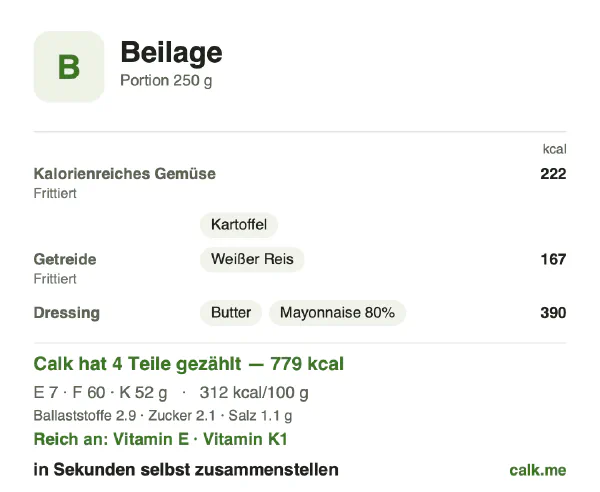 Calk-Karte für die kalorienreichere Variante von Beilage: 312 kcal pro 100 g, Eiweiß/Fett/Kohlenhydrate 4/70/27