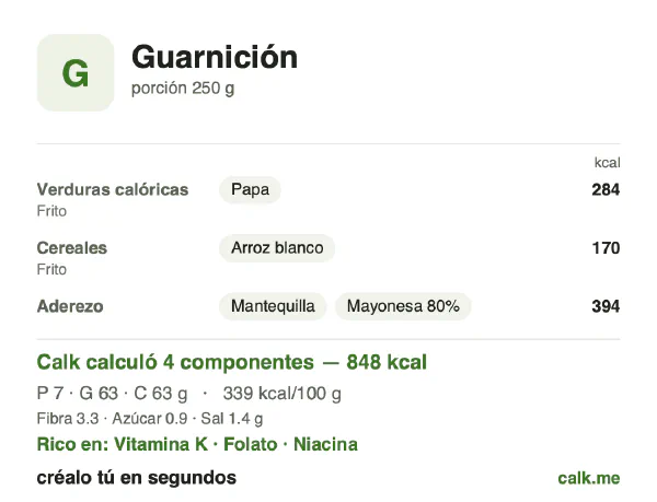 Tarjeta de Calk, versión más calórica de Guarnición: 339 kcal por 100 g, proteínas/grasas/carbohidratos 3/67/30