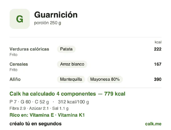 Ficha de Calk, versión más calórica de Guarnición: 312 kcal por 100 g, proteínas/grasas/hidratos 4/70/27