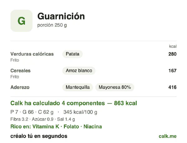 Ficha de Calk, versión más calórica de Guarnición: 345 kcal por 100 g, proteínas/grasas/hidratos 3/68/29