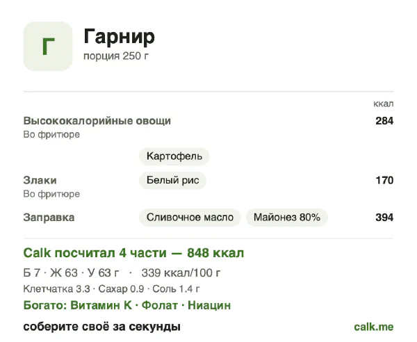 Карточка «Гарнир» в Calk — более калорийный вариант: 339 ккал на 100 г, белки/жиры/углеводы 3/67/30