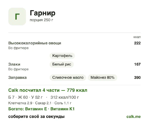Карточка «Гарнир» в Calk — более калорийный вариант: 312 ккал на 100 г, белки/жиры/углеводы 4/70/27