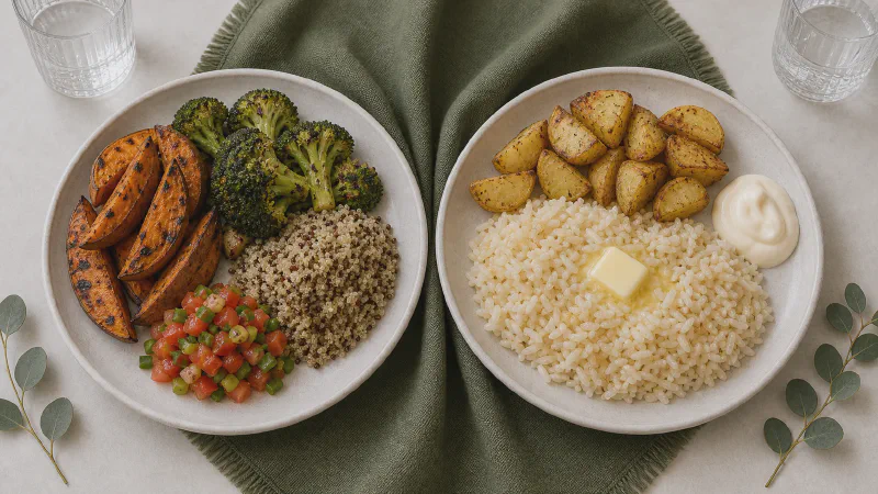 Mixed side plate: lower- and higher-calorie Calk versions side by side