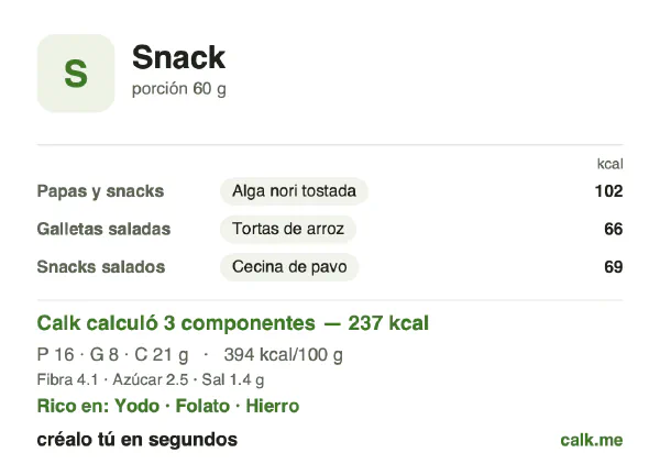 Tarjeta de Calk, versión menos calórica de Snacks: 394 kcal por 100 g, proteínas/grasas/carbohidratos 29/34/38