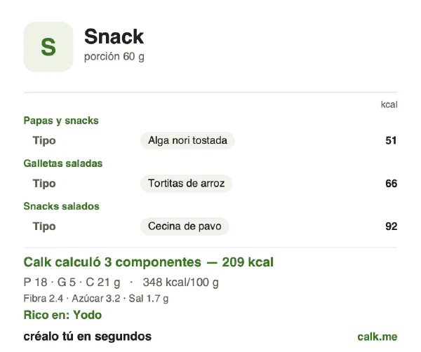 Tarjeta de Calk, versión menos calórica de Snacks: 347 kcal por 100 g, proteínas/grasas/carbohidratos 36/24/41