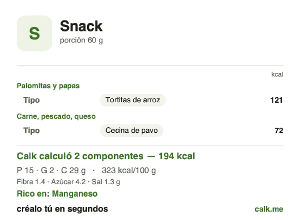 Tarjeta de Calk, versión menos calórica de Snacks: 323 kcal por 100 g, proteínas/grasas/carbohidratos 30/9/61