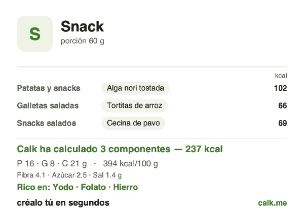 Ficha de Calk, versión menos calórica de Aperitivos: 394 kcal por 100 g, proteínas/grasas/hidratos 29/34/38