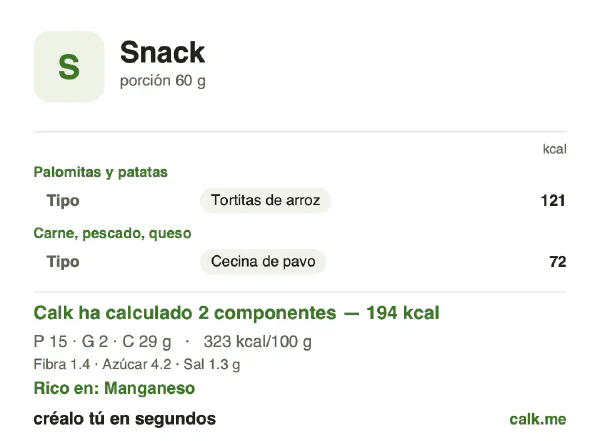 Ficha de Calk, versión menos calórica de Aperitivos: 323 kcal por 100 g, proteínas/grasas/hidratos 30/9/61
