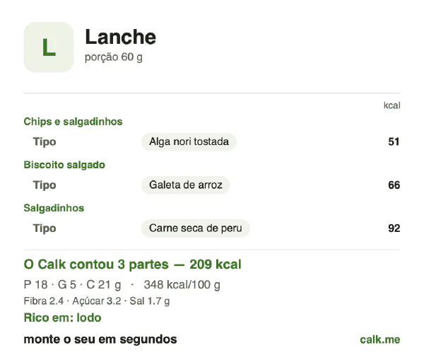 Cartão do Calk para a versão menos calórica de Lanches: 347 kcal por 100 g, proteína/gordura/carboidratos 36/24/41