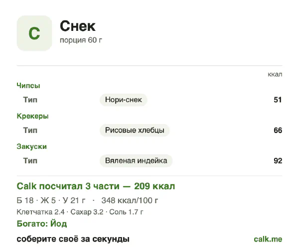Карточка «Снек» в Calk — менее калорийный вариант: 347 ккал на 100 г, белки/жиры/углеводы 36/24/41