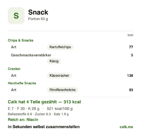 Calk-Karte für die kalorienreichere Variante von Snacks: 521 kcal pro 100 g, Eiweiß/Fett/Kohlenhydrate 10/57/33