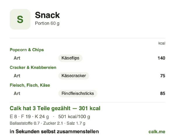 Calk-Karte für die kalorienreichere Variante von Snacks: 501 kcal pro 100 g, Eiweiß/Fett/Kohlenhydrate 10/58/32