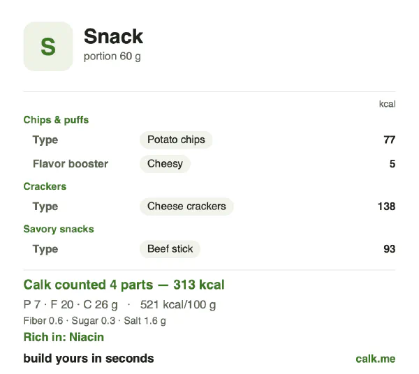 Higher calorie Calk card for Snack: 521 kcal per 100 g, protein/fat/carbs 10/57/33