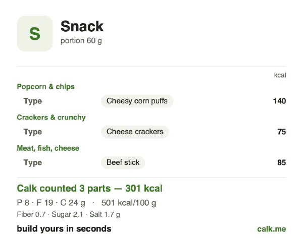 Higher calorie Calk card for Snack: 501 kcal per 100 g, protein/fat/carbs 10/58/32
