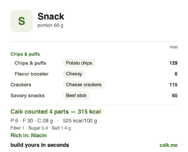 Higher calorie Calk card for Snack: 525 kcal per 100 g, protein/fat/carbs 8/56/36